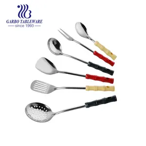 Wholesale 5pcs Stainless Steel Kitchen Utensils Plastic Bamboo Handle Turner Spaghetti Server Ladle Serving Spoons Cooking Tools