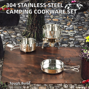 Hot Style Portable Outdoor Cookware Set 304 Stainless Steel Metal Camping Pots and <b>Pans</b> with Folding Handle - Product Image 3