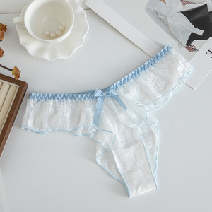 Tanga de encaje floral con volantes para mujer, con lazo en contraste, malla transparente, cintura baja, sexy, lencería íntima para mujer, OEM - Product Image 4