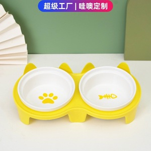 Cat Feeding Bowl Set Ceramic Dual Dish <b>Pink</b> Paw And Fish Design For Cats - Product Image 4
