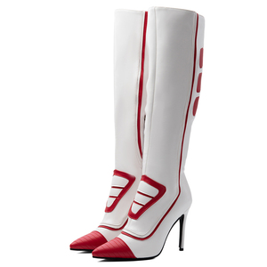 <span class=keywords><strong>Botas</strong></span> Altas de <span class=keywords><strong>Mujer</strong></span> Talla Grande 47, Blancas con Parches Rojos, Punta Puntiaguda, Tacón Fino, Ajuste Ancho, Cremallera Lateral - Product Image 6
