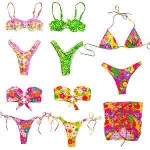 Swim Suit Women Shiny Bikini Micro Halter Top G-String Set Terry Bikini With Matching Skirts Swimsuit Swimwear