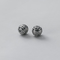 Perles d'espacement creuses en argent sterling 925 thaïlandais, style rétro, 10 mm, fleurs gravées, perles rondes à sertir, fabrication artisanale, accessoires de bijoux pour bracelet