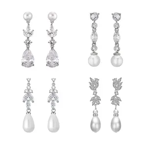 Großhandel Zirkonia Perle lange Ohrring Teardrop baumeln Braut Ohrringe für Hochzeit Prom Bankett Frauen Schmuck