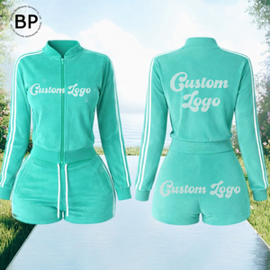 Completo da <span class=keywords><strong>donna</strong></span> in <span class=keywords><strong>velluto</strong></span> a due pezzi con giacca con zip e pantaloncini, design a righe a contrasto, all'ingrosso OEM - Product Image 3