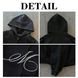 Sudadera con capucha personalizada de algodón 100% de alto gramaje para hombre, estilo urbano, con cremallera, estampado frontal, vintage, con pedrería y hombros caídos - Product Image 6