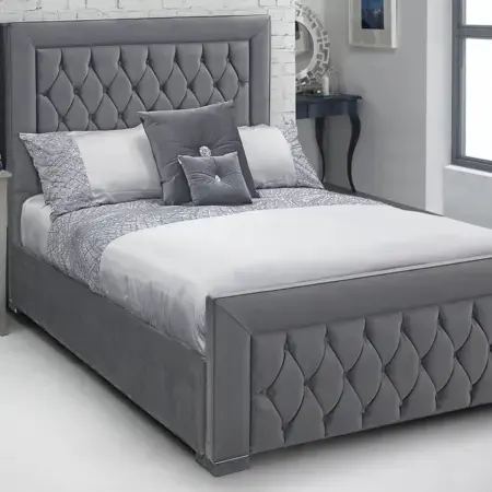 Dark Grey Velvet Fabric Italian Design Upholstered Ottoman Bed Fabric Queen Bed Frame With Tufted Headboard And Bedfoot For Sale