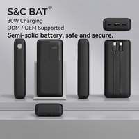 Power Bank Semi-Solid State 20000mAh 30W Konversi Tinggi dengan Kabel Pengisian Cepat Tipe-C Terintegrasi, Paket Baterai Eksternal
