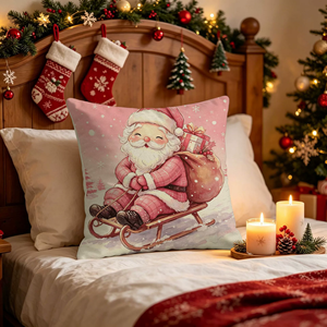 Housse de coussin décorative pour Noël, motifs Père Noël, sapin, renne, bonhomme de neige, couleur rose, pour les fêtes de Noël - Product Image 3