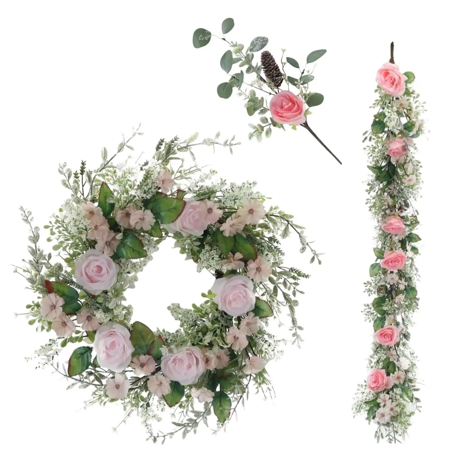 Düğün dekorasyon ve malzemeleri dallar dekoratif çiçekler çelenk ile buzlu pembe gül çiçek süsler çelenk