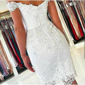 Off Shoulder Beaded <strong>White</strong> Lace Applique Bodycon Style Knee Length <strong>Plus</strong> <strong>Size</strong> <strong>Women's</strong> Party <strong>Dresses</strong> - Product Image 2