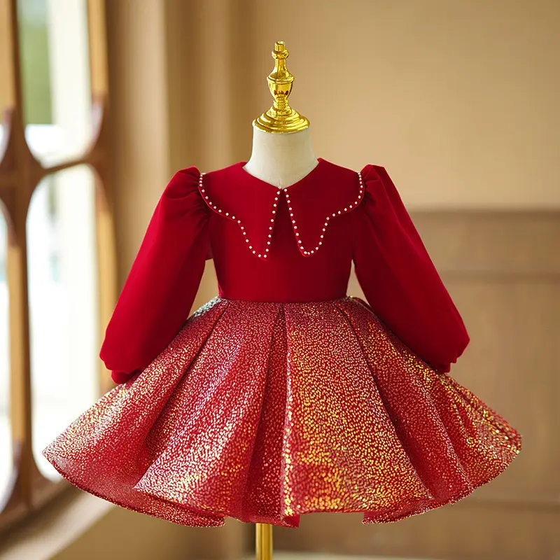 Gaun pesta motif Foil kerah Turn-Down merah gaun pesta dansa Anak perempuan Natal gaun pengantin kontes putri baju rok anak-anak