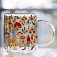 Mug en verre transparent de 450 ml avec poignée, motifs colorés de champignons et de citrouilles, mug durable et portable pour café, thé, lait, logo personnalisable
