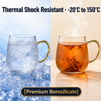 Mug en verre borosilicate côtelé 350 ml, compatible micro-ondes et lave-vaisselle, tasse à thé en verre transparent avec poignée dorée pour ensemble cadeau en gros
