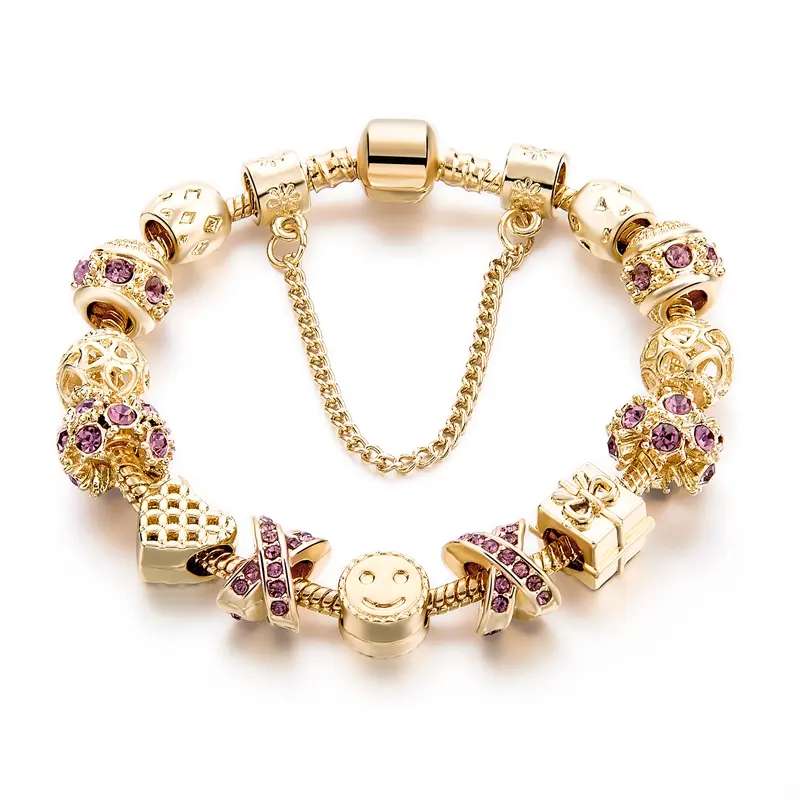 Best Gifit Charm Bracelet With Purple Austrian Rhinestone Fit Fashion Jewelry, DIY Women Jewelry Gold Bracelet