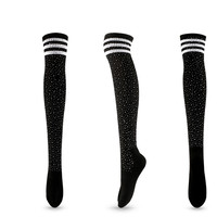 Chaussettes longues rayées en polyester avec strass brillants pour femmes et filles, au-dessus du genou, bas cuissardes, collants