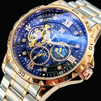 AOKULASIC 5016 Skelett-Herrenuhr Automatik Leuchtende Mechanische Uhr Edelstahlarmband Wasserdichte Armbanduhr Tourbillon