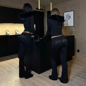 Sudadera de dos piezas gruesa de invierno Diseño de diamantes de imitación con costuras peludas Chaqueta frontal abierta y traje de pantalones acampanados - Product Image 4