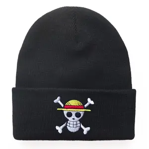 Custom One Piece new cartoon embroidered knitted hat sleeve warm cold hat for men and women autumn and winter cold hat students