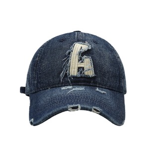 Unisex Distressed Denim Baseball Cap <b>Light</b> Blue Ripped Details Korean Street Style A-Line Embroidered Hat - Product Image 5