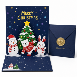 การ์ดคริสต์มาสแบบป๊อปอัพ 3 มิติ รุ่นดีไซน์ดั้งเดิม ZS-PC0308 ชุดการ์ด MERRY CHRISTMAS ลายตุ๊กตาหิมะ หมี กระต่าย ต้นคริสต์มาส ตัดด้วยเลเซอร์ - Product Image 1