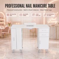 Table de manucure en contreplaqué au design contemporain avec aspirateur de poussière, un seul tiroir, deux tiroirs de rangement, pieds en métal argenté, poste de travail de salon