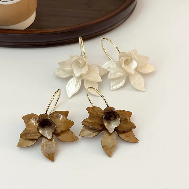 Attractive Long Drop White And Brown Flower Earrings Statement Dainty acrylic Petal Dangle Orchid Earring