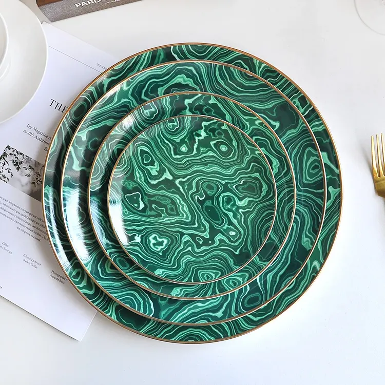 Nordic classy trendy ceramic dark green pattern type china dinner plate for home decor