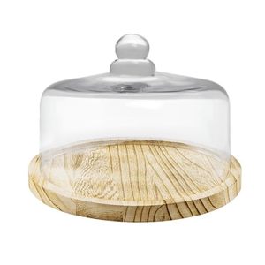 Cloche en verre transparent avec base en bois 27x22 cm, présentoir décoratif pour bonbons, objets et compositions - Product Image 1