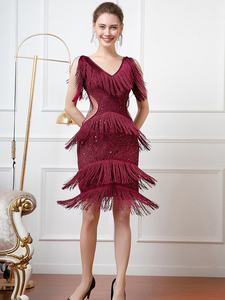 Élégant robe de soirée cocktail vintage pour femmes des années <span class=keywords><strong>1920</strong></span> clapet sans manches paillettes perlées taille naturelle été hors de l'épaule - Product Image 5