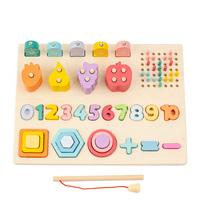 Jeu de pêche magnétique en bois 5 en 1 avec blocs numériques, pièces de fruits, tiges de comptage et motifs de lapins – Jouet éducatif préscolaire pour enfants