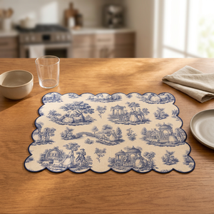 Premium Linen Scalloped <b>Placemat</b> with <b>Blue</b> Toile de Jouy Print | Vintage European Decorative Dining Table Mat - Product Image 3