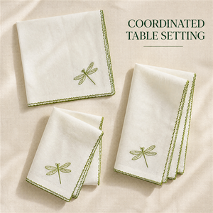 Serviettes en lin personnalisées brodées, serviettes en coton, libellules blanches et vertes, décoration de table, style classique, faites à la main, rectangulaires - Product Image 6