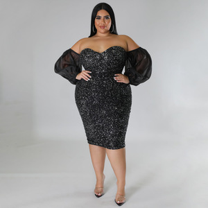 Robes de soirée longues en maille sans bretelles, style ou logo personnalisé, ODM, pour femmes, sexy, à paillettes, <span class=keywords><strong>grande</strong></span> <span class=keywords><strong>taille</strong></span>, <span class=keywords><strong>robe</strong></span> fourreau - Product Image 2