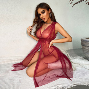 Vente en gros de lingerie sexy pour femmes, style européen et américain, robe de nuit en maille, col en V, transparente, tendance 2023 - Product Image 5