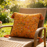 Housse de coussin en velours brodée de fleurs - Housse de coussin orange bohème avec pompons - Coussin décoratif vintage pour canapé-lit