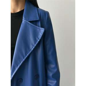 Manteau trench en cuir véritable bleu marine pour femme, long, à simple boutonnage, avec rembourrage en coton, imprimé, imperméable, pour la saison d'automne - Product Image 6