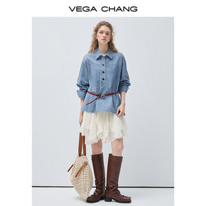 VEGA CHANG Camicia in denim casual da weekend, stile retrò, con maniche arrotolabili, vestibilità rilassata e oversize, in lyocell lavato, versatile per la primavera, con gonna abbinata - Product Image 2