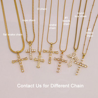 Kalung Liontin Salib Berlapis Emas Baja Anti Karat Berkualitas Tinggi NS1082 dengan Berlian Imitasi CZ Micro Pave, Perhiasan Religius Kristen