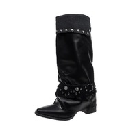 Bottines mi-mollet à bout pointu, cloutées, style rétro, nouvelle collection automne 2026, style post-apocalyptique, bottes noires empilées, métal