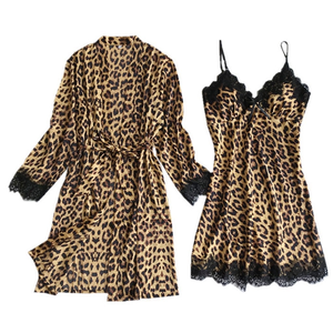 Robe courte d'été en soie pour femme, légère, à manches longues, motif léopard, en dentelle, pour mariage, demoiselle d'honneur, kimono, peignoir de nuit, en satin doux - Product Image 2