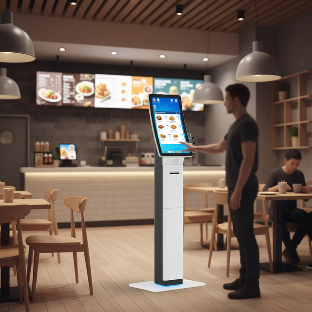 23.6 Inch Touch Curved Screen Self Service Kiosk Food Ordering Kiosk for Restaurant Information Checking Payment Terminal Kiosk