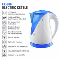 Bouilloire électrique 1,7 L, corps en PP de qualité alimentaire, base chauffante en acier inoxydable 304, base sans fil 360°, arrêt automatique, 220-240 V
