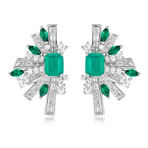 Luxury Flower Shape Sterling Silver Gemstone Earrings Delicate Petal Zircon Earrings Women's Jewelry Emerald Earrings