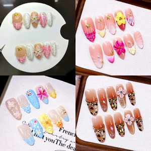 <span class=keywords><strong>Uñas</strong></span> Postizas TSZS 100% Hechas a Mano con Flores Talladas en 3D, <span class=keywords><strong>Uñas</strong></span> Acrílicas Reutilizables con Forma de Almendra para el Verano, Venta al Por Mayor - Product Image 1