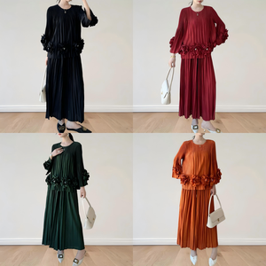 Ensemble de vêtements décontractés modestes en deux pièces, taille unique, haut <span class=keywords><strong>et</strong></span> jupe plissés pour femmes, grande taille, couleur unie, printemps-été, design tendance - Product Image 5
