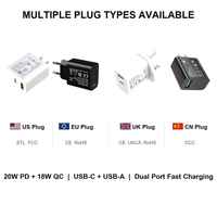 HECHOBO PD 20W USB-C+USB-A Pengisi Daya Dinding Port Ganda, Bersertifikasi ETL FCC CE UKCA CCC, Pilihan Colokan Tetap US/EU/UK/CN, Pengisian Cepat