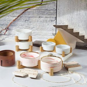 Comederos Ecológicos Elevados de Cerámica para Mascotas con Soporte de Madera, Gris y Rosa, para Perros y Gatos - Product Image 2