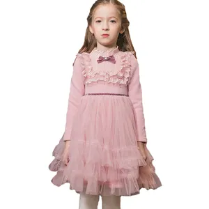 Yeni stil yüksek kalite moda pembe sevimli kız bebek parti elbise tatlı kış uzun kollu dantel tül bebek kız çocuk elbise