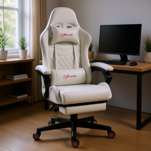 Silla de Juego Insetto Blanca de Cuero PU con Estructura de Acero Inoxidable, Giratoria, Reclinable, Ajuste Manual, Diseño Contemporáneo - Product Image 2